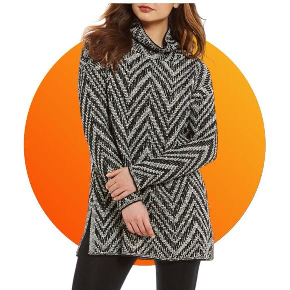 Eileen Fisher Scrunch Neck Tunic Top Sweater Dress Black Ivory Chevron XL NWT - Picture 1 of 9